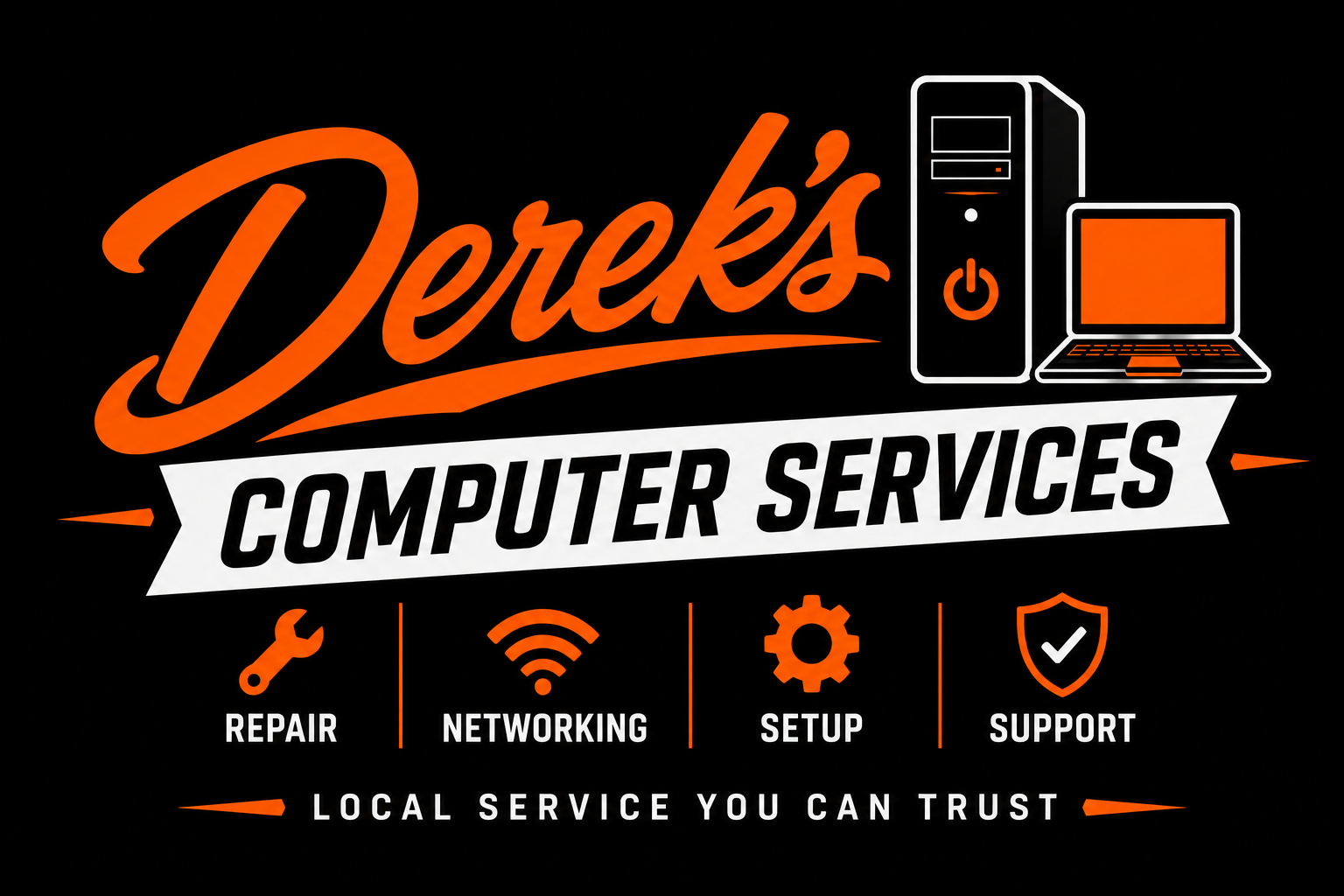 Derek's Computer Services logo with repair, networking, setup, and support icons